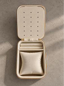 Personalisierte Schmuckschatulle mit Geburtsblume und Namen – Kleine Reise Schmuckbox aus Leder in Beige oder Schwarz – Geschenke für Sie